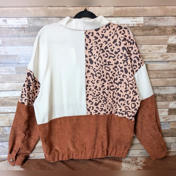New Colorblock Corduroy Brown With White & Leopard Print Drop Shoulder Shacket - Picture 10 of 15